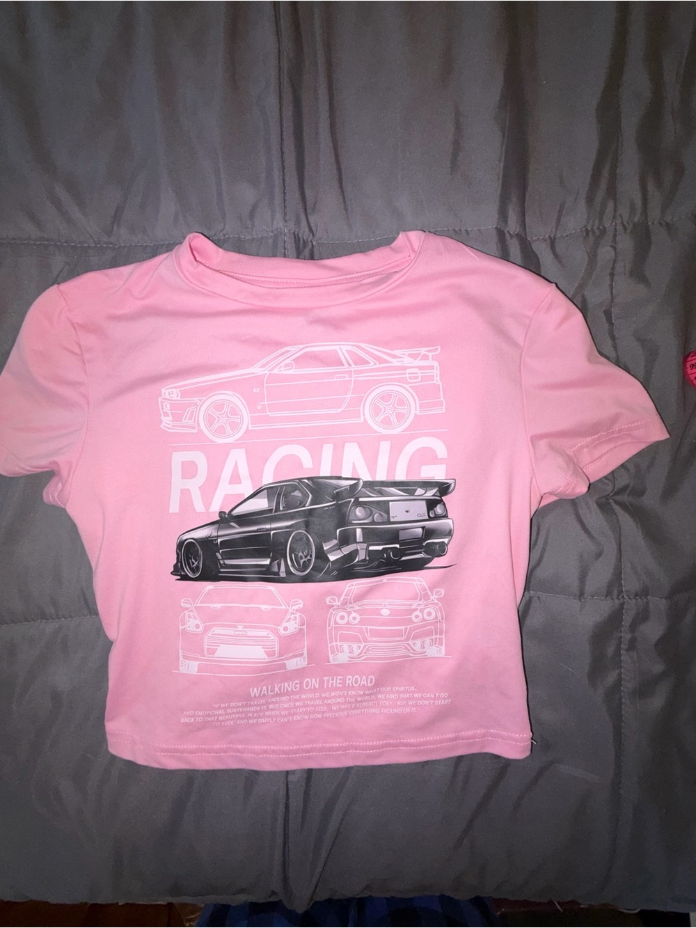 SHEIN Pink Racing Car Graphic Crop Top Y2K JDM Baby Tee S
